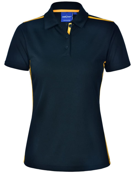 A short-sleeve polo shirt in dark green with yellow contrast detailing and a logo on the chest.