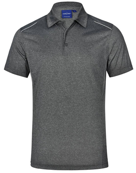 A grey short sleeve polo shirt with a subtle pattern and a logo on the collar. A grey short sleeve polo shirt with a subtle pattern and a logo on the collar.
