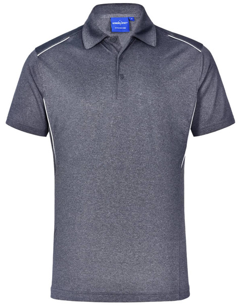 Men's short sleeve polo in a dark grey with white accents and a branding logo on the collar. Men's short sleeve polo in a dark grey with white accents and a branding logo on the collar.