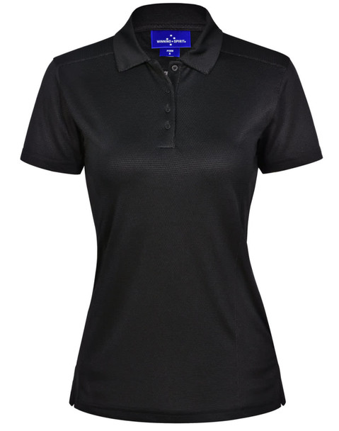 A black ladies' bamboo charcoal polo shirt with short sleeves and a collar, featuring a logo.