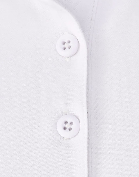 A close-up of a white polo shirt featuring two button closures and a smooth fabric texture. A close-up of a white polo shirt featuring two button closures and a smooth fabric texture.