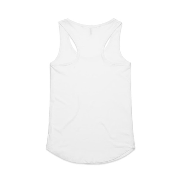 A white racerback singlet featuring a rounded hem and a logo on the back.