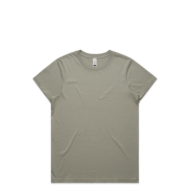 A faded olive green t-shirt with a crew neckline and short sleeves, featuring a subtle logo.