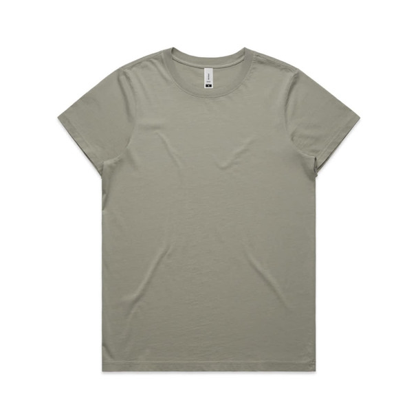 A light olive green t-shirt with a crew neckline and no visible graphics, featuring a logo.