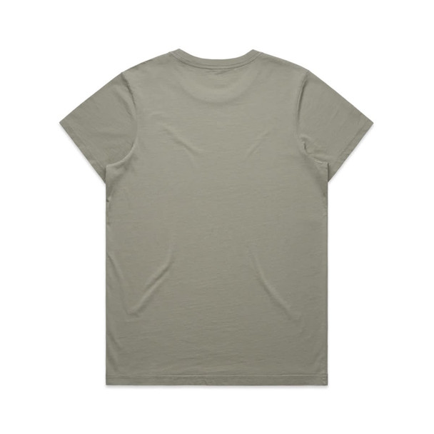 A faded green T-shirt with a soft texture and no visible design features a logo on the back.