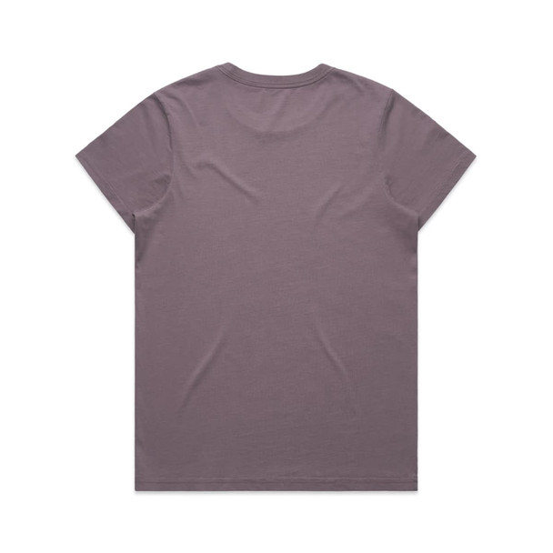 A purple tee shirt with a simple design and no visible branding displayed from the back.