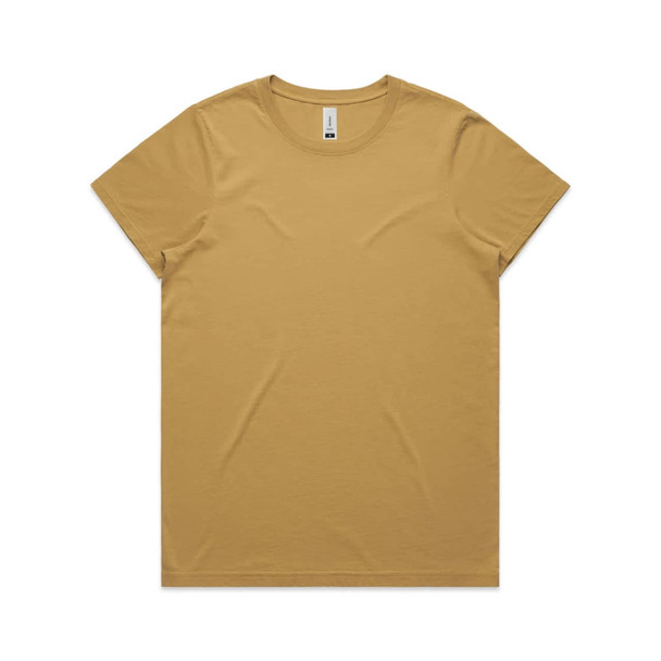 A mustard-coloured T-shirt with a round neckline and short sleeves. The shirt features a branding logo.