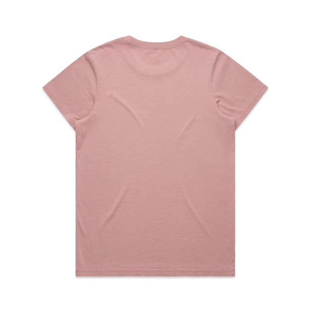 A pink t-shirt with a simple design and a subtle texture, featuring a logo on the back.