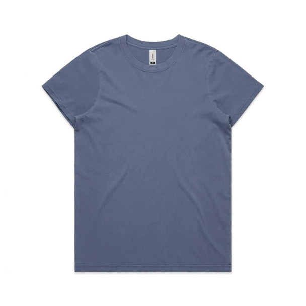 A faded blue T-shirt featuring a round neckline and short sleeves. It has a branding logo.