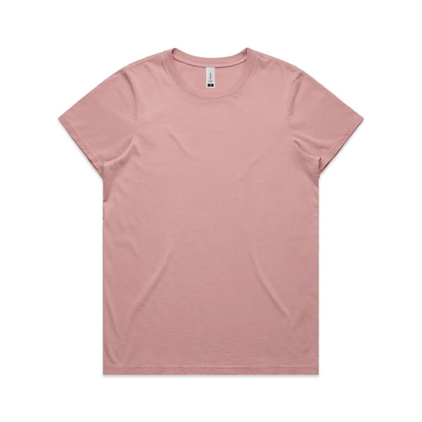 A pink t-shirt with a classic crew neckline and short sleeves, featuring a simple design and a logo.