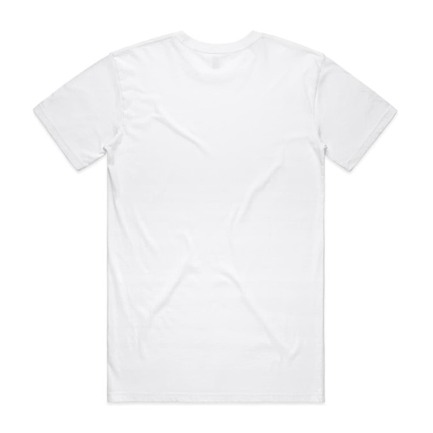A white t-shirt viewed from the back, featuring a standard crew neck and short sleeves. It has a logo on the back.