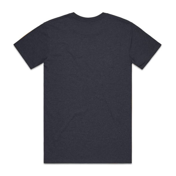 A dark grey t-shirt with short sleeves and a round neckline. The back view is displayed.