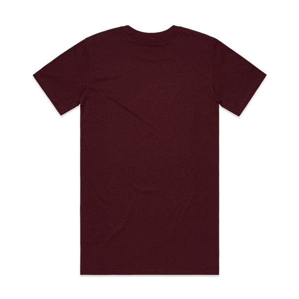 A maroon T-shirt with short sleeves and a plain back. The shirt features a logo or branding.