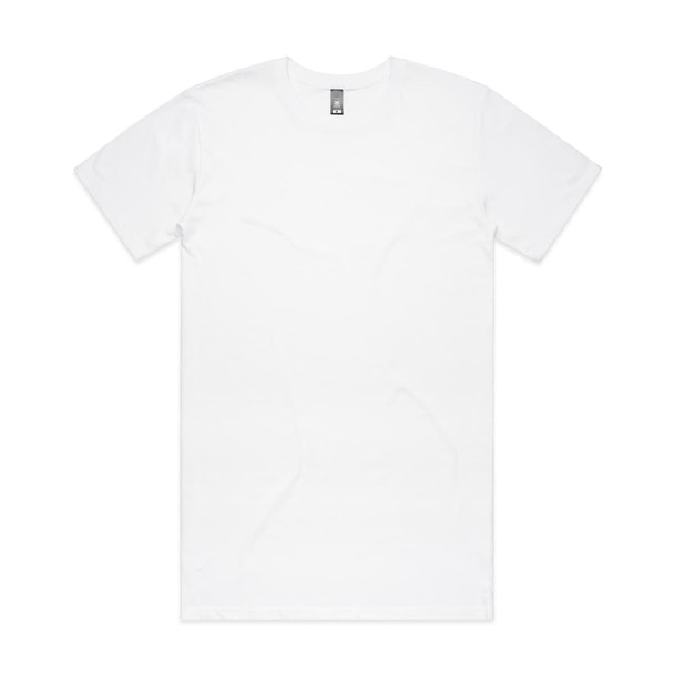 A white T-shirt with short sleeves and a round neckline, featuring a branding label.