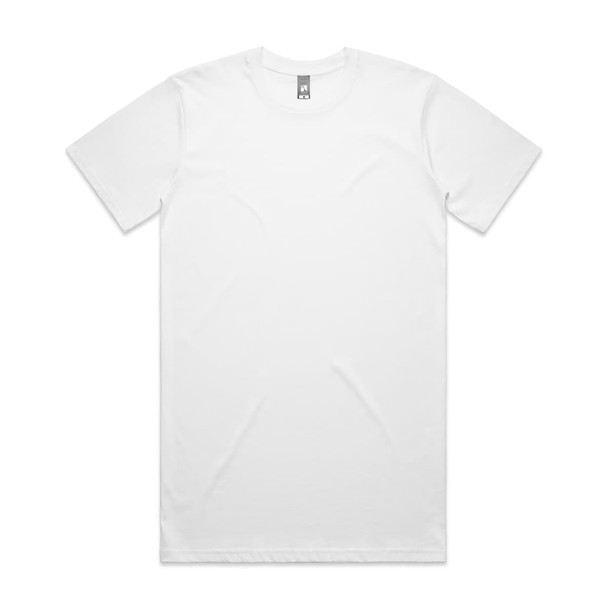 A white Classic Plus Tee [+5cm] t-shirt with a round neck and short sleeves, featuring a logo at the neck.