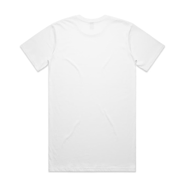 A plain white t-shirt displayed flat, featuring a standard crew neckline and short sleeves. It has a logo on the back.