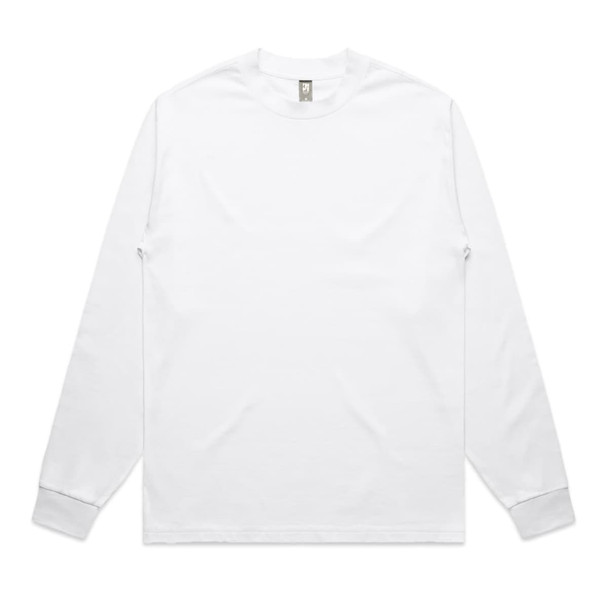 A long-sleeve white T-shirt featuring a minimalist design and a logo on the neckline.