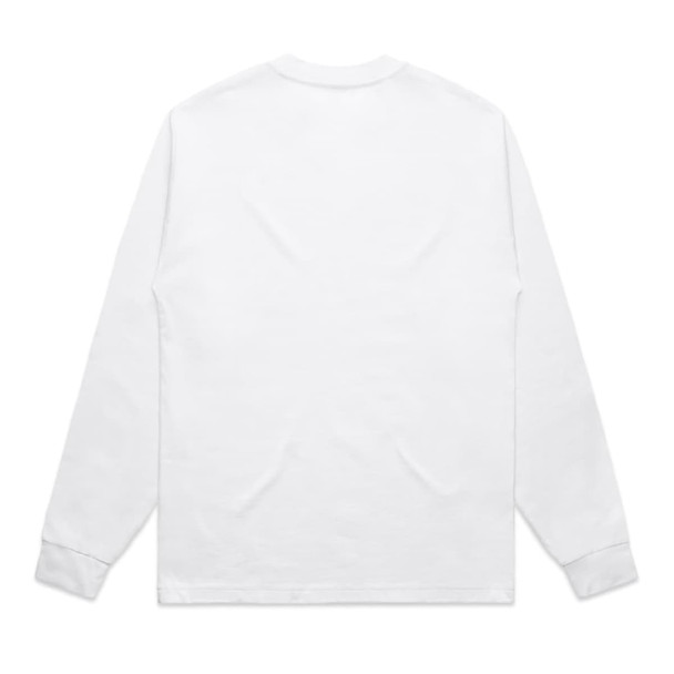A white long-sleeve tee with a plain back, featuring a logo on the label area.