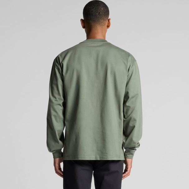 A long-sleeve tee in olive green, featuring a simple design and a logo on the back.