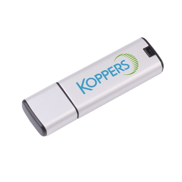 A silver flash drive with a black end and a logo on the side.