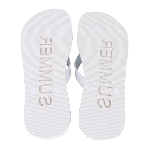 A pair of white EVA thongs with a textured sole. The thongs have a simple design and feature a logo. A pair of white EVA thongs with a textured sole. The thongs have a simple design and feature a logo.