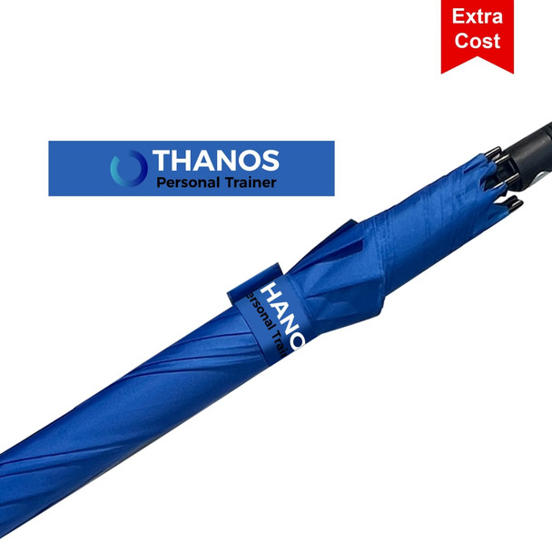 A blue golf umbrella with a black handle and a logo on the canopy.