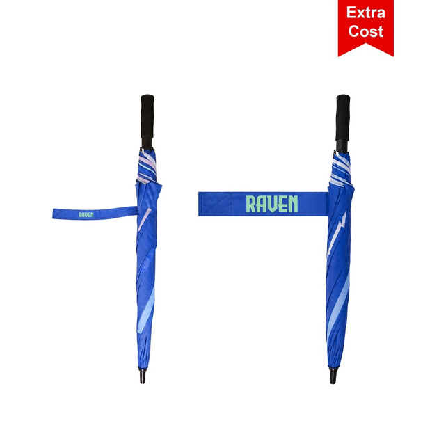 A full colour blue golf umbrella with a black handle and a branding logo. Features a vibrant design.