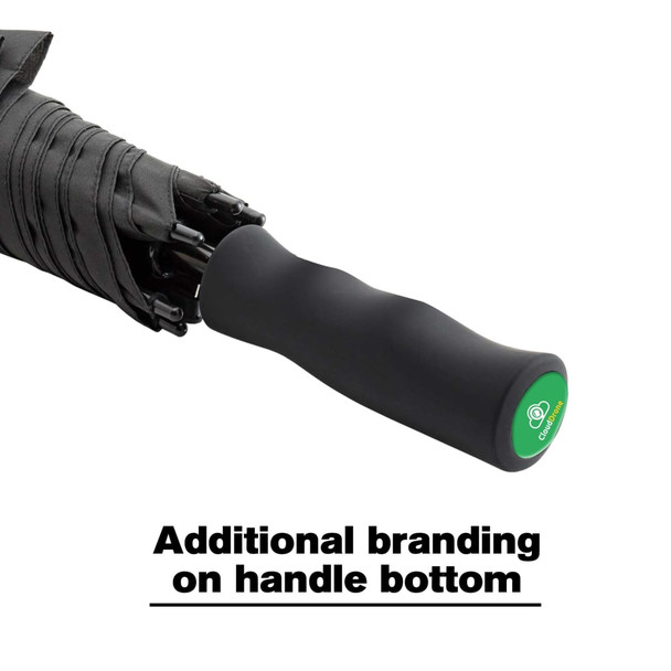 A black golf umbrella with a curved handle, featuring branding on the handle bottom.