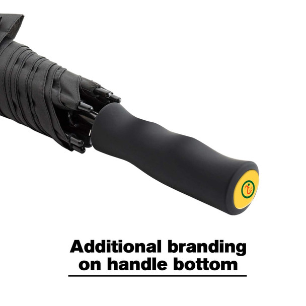 A full colour sports umbrella with a black handle featuring a logo on the bottom.