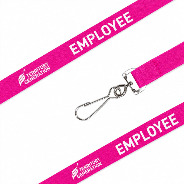 A pink poly ribbed lanyard featuring a clip and branding, suitable for events and exhibitions.