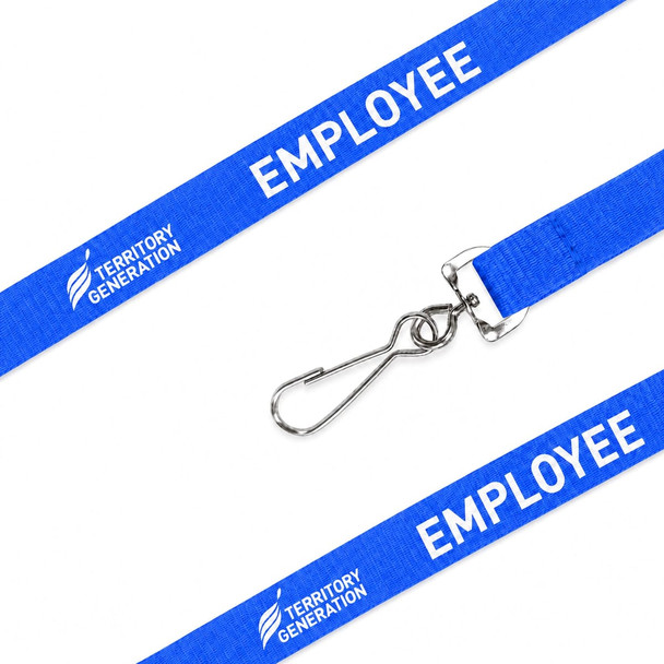 A blue poly ribbed lanyard with a silver clip and a logo, featuring the word "EMPLOYEE."