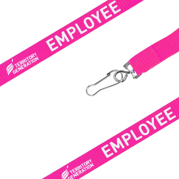 A pink poly ribbed lanyard with a metal clip and branding.