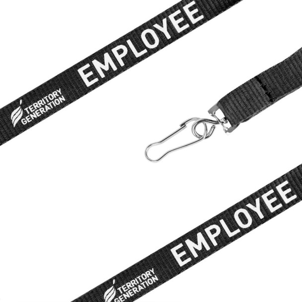 A black poly ribbed lanyard featuring a clip and a logo, with the word "EMPLOYEE" printed on it.
