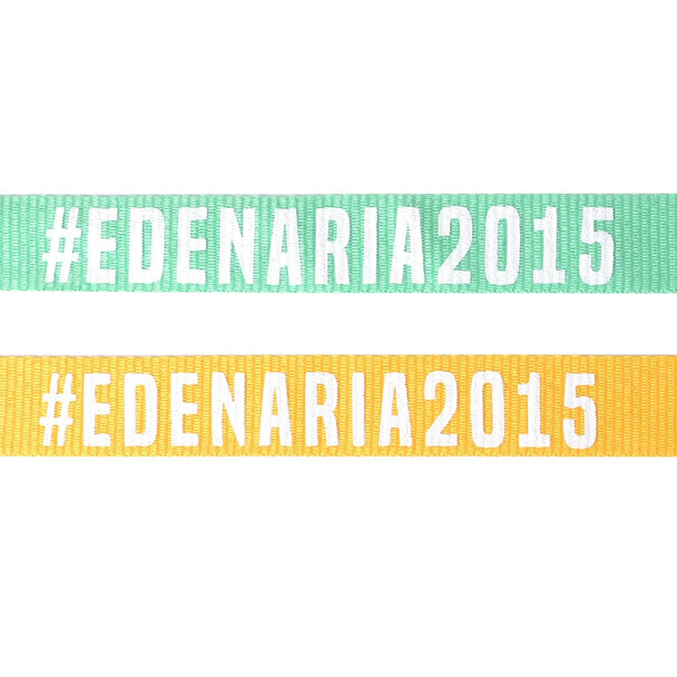 Two poly ribbed lanyards, one in mint green and one in bright yellow, both featuring printed text.