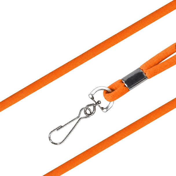 An orange poly rope lanyard with a metal clip for attachment, featuring a sleek design and durable materials.