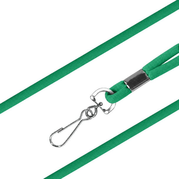 A green poly rope lanyard with a metal clip attachment, featuring a smooth finish and dual strands.