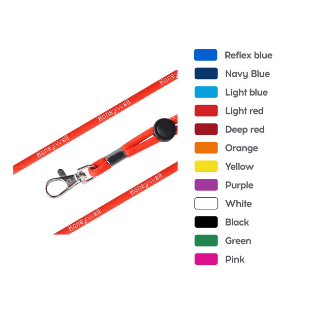 A red poly rope lanyard with a metal clip and a logo, available in various colours.