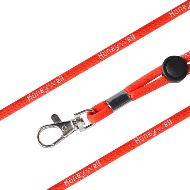 A red poly rope lanyard with a metal clip and a black adjustable stopper, featuring branding along the length.