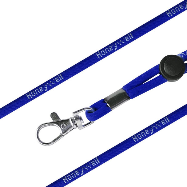 A blue poly rope lanyard with a clip attachment and a logo.