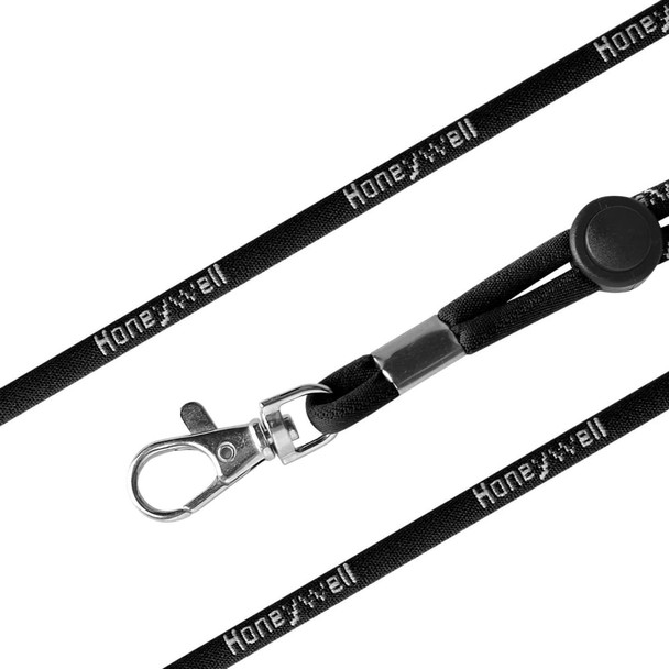 A black poly rope lanyard with a metal clip and a fastening button, featuring a logo.