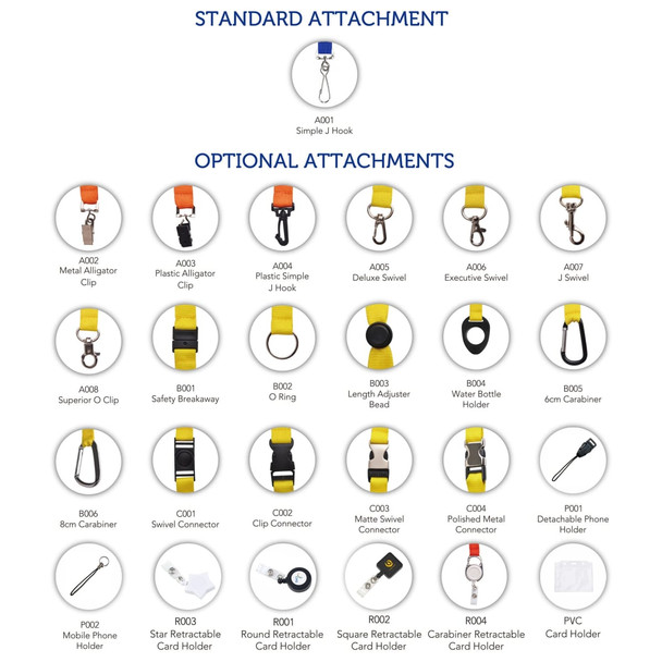 A variety of lanyard attachments in yellow and black, including clips, carabiners, and retractable options.