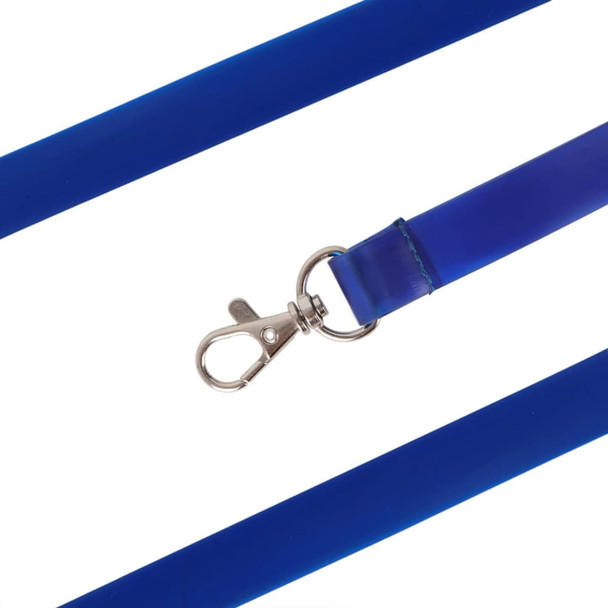 A blue PVC lanyard featuring a metal clip for attaching items, with a smooth finish and glossy appearance.