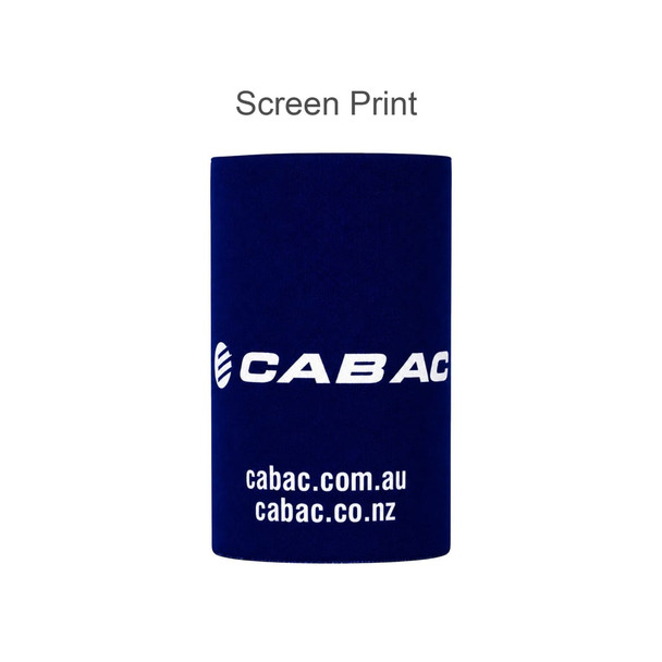 A stubby holder in navy blue featuring a logo and designed for drinkware.