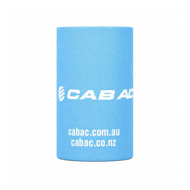 A drink bottle stubby holder in light blue with a logo. Ideal for keeping drinks insulated.