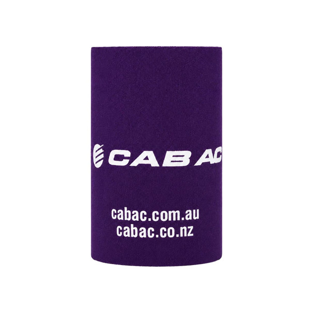 A purple stubby holder with a logo, designed to fit standard drink bottles.