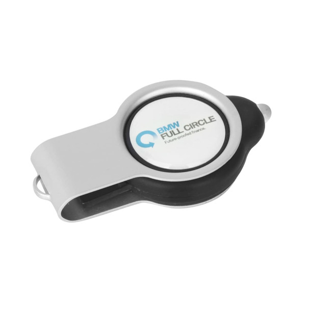 A silver and black light-up flash drive with a round, branded surface.