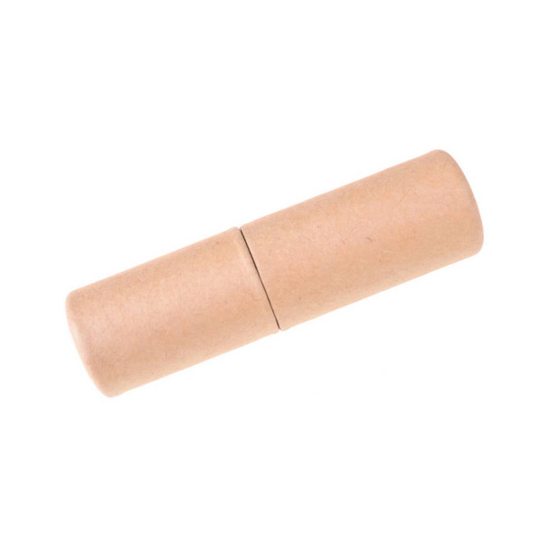 A tan Eco Flash drive with a cylindrical design, featuring a logo on its surface.