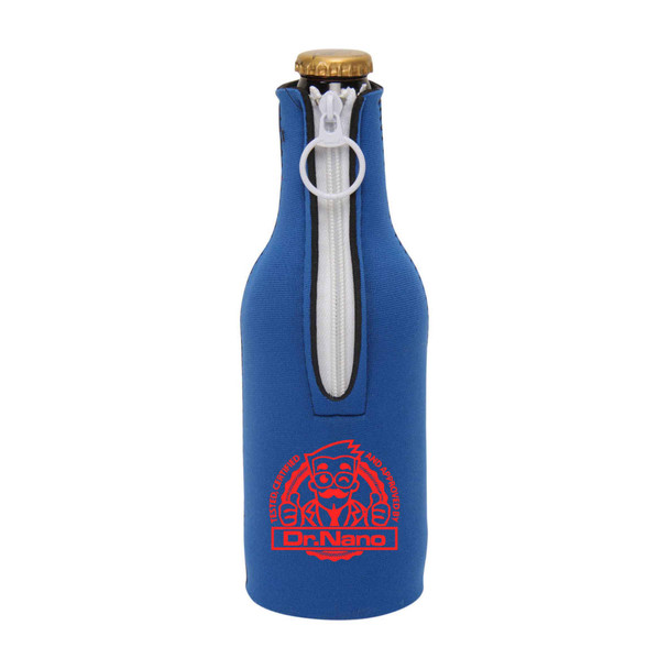 A drink bottle cooler in blue with a zippered design and a logo on the front. Suitable for standard bottles.