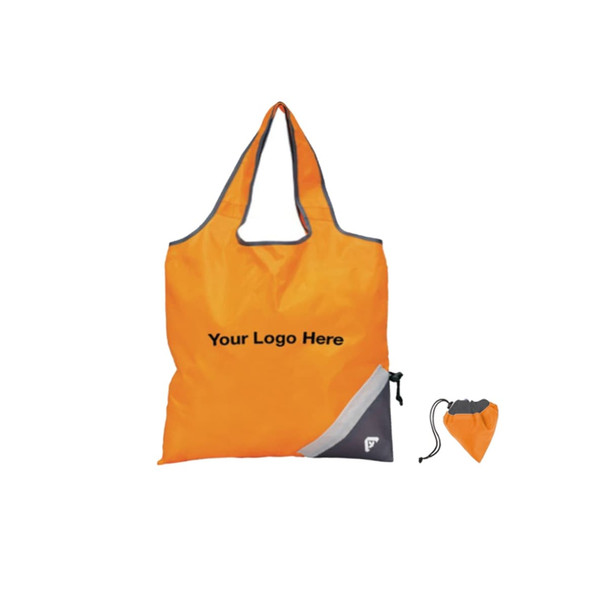 An orange foldaway shopping bag with a grey accent, featuring a logo. It can be compactly stored in a small pouch.