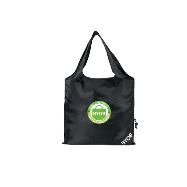 A black foldaway shopping bag with a green logo and branding on the side.